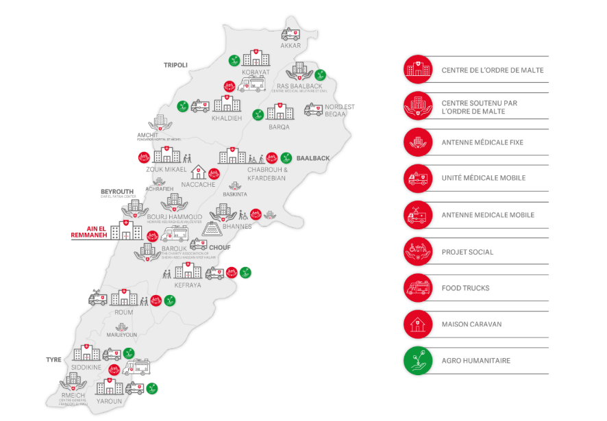 Carte des centres de l'Ordre de Malte au Liban